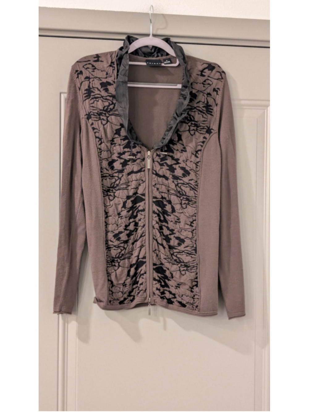 Tribal Brown Floral Zip Front Jacket Ruffle Collar Lightweight Cardigan Size M